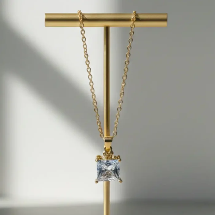 Gold Princess-Cut Crystal Necklace | Crown Pendant - Image 15