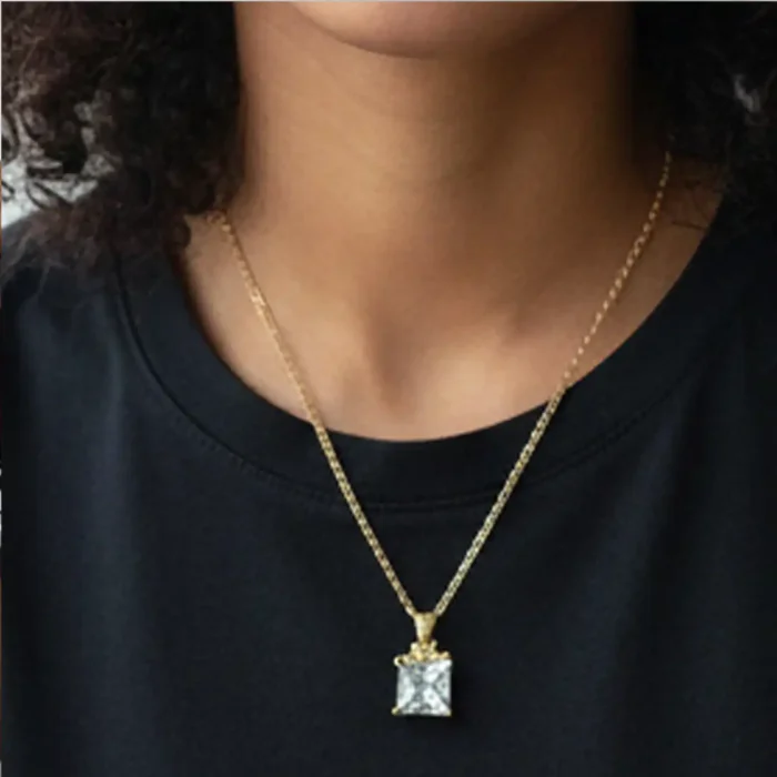 Gold Princess-Cut Crystal Necklace | Crown Pendant - Image 11