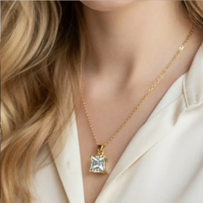 Gold Princess-Cut Crystal Necklace | Crown Pendant - Image 10