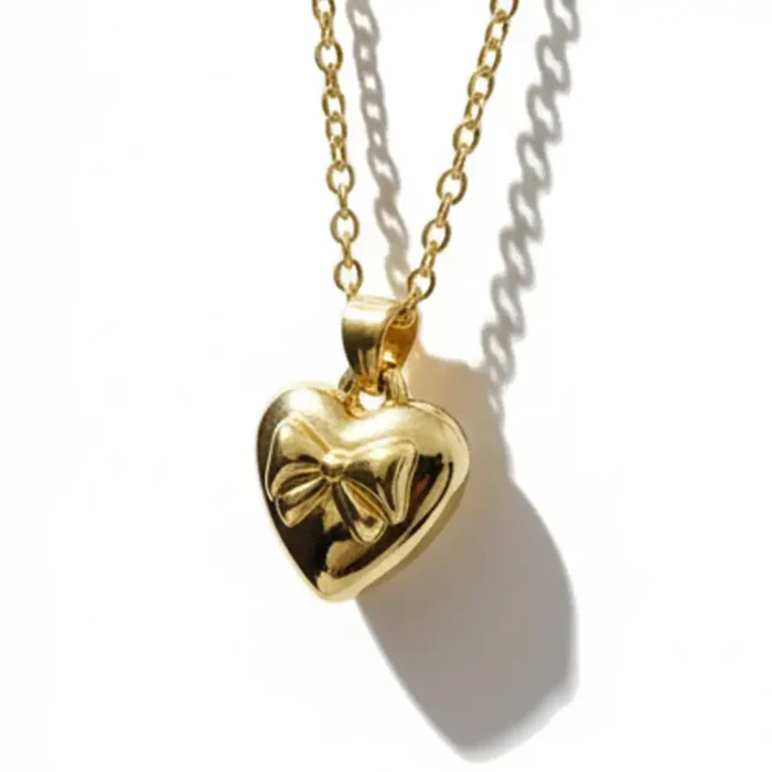 Gold Heart and Bow Necklace | Coquette Puffed Pendant - Image 3