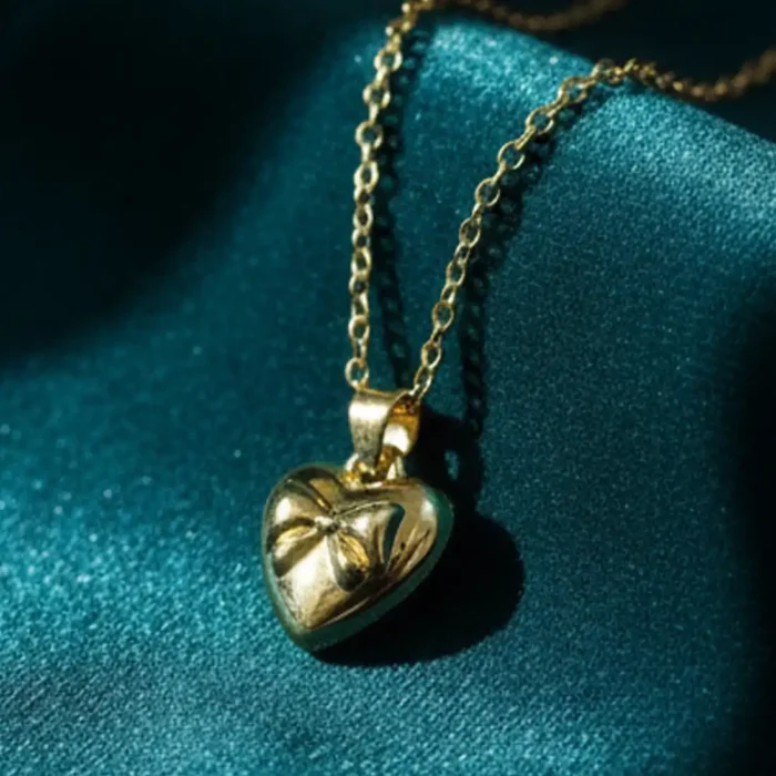 Gold Heart and Bow Necklace | Coquette Puffed Pendant - Image 11