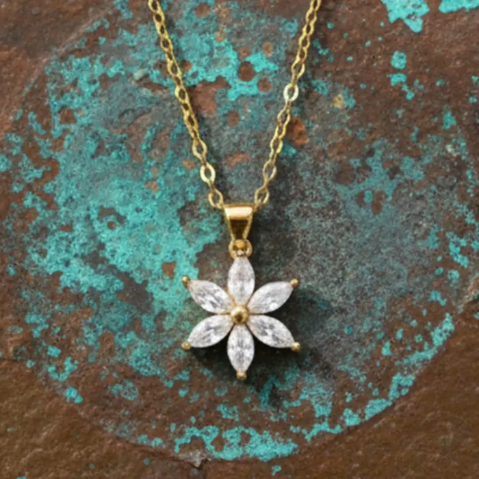 Gold Crystal Marquise Flower Necklace | Snowflake Petal Pendant - Image 5