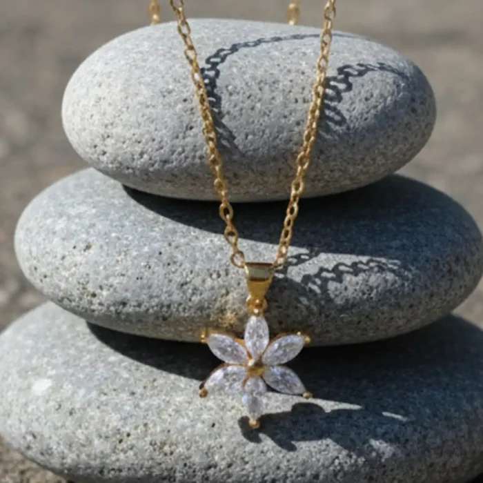 Gold Crystal Marquise Flower Necklace | Snowflake Petal Pendant - Image 3