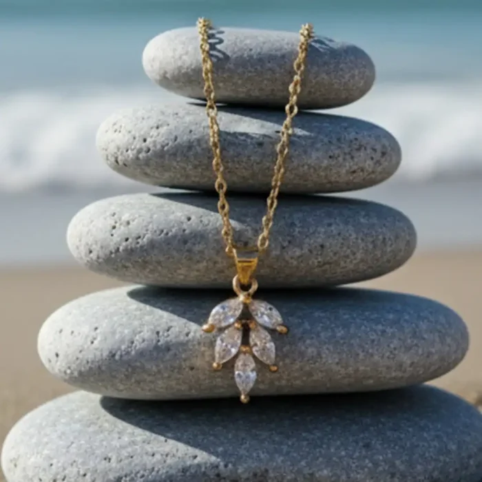 Gold Crystal Leaf Cluster Necklace | Marquise Pendant - Image 5