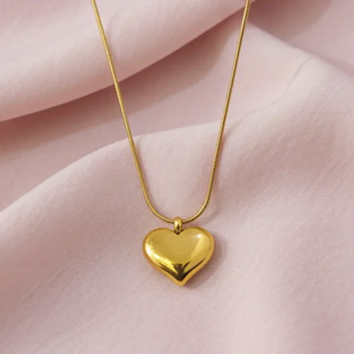Gold Puffed Heart Necklace | Sleek Snake Chain Pendant - Image 9