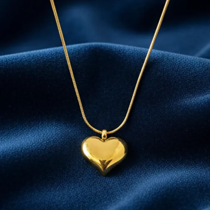 Gold Puffed Heart Necklace | Sleek Snake Chain Pendant - Image 8