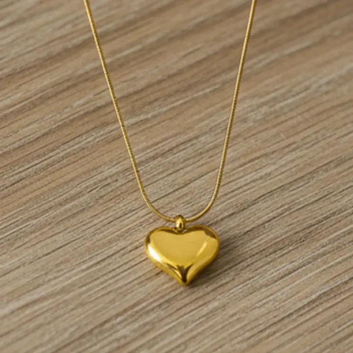 Gold Puffed Heart Necklace | Sleek Snake Chain Pendant - Image 7