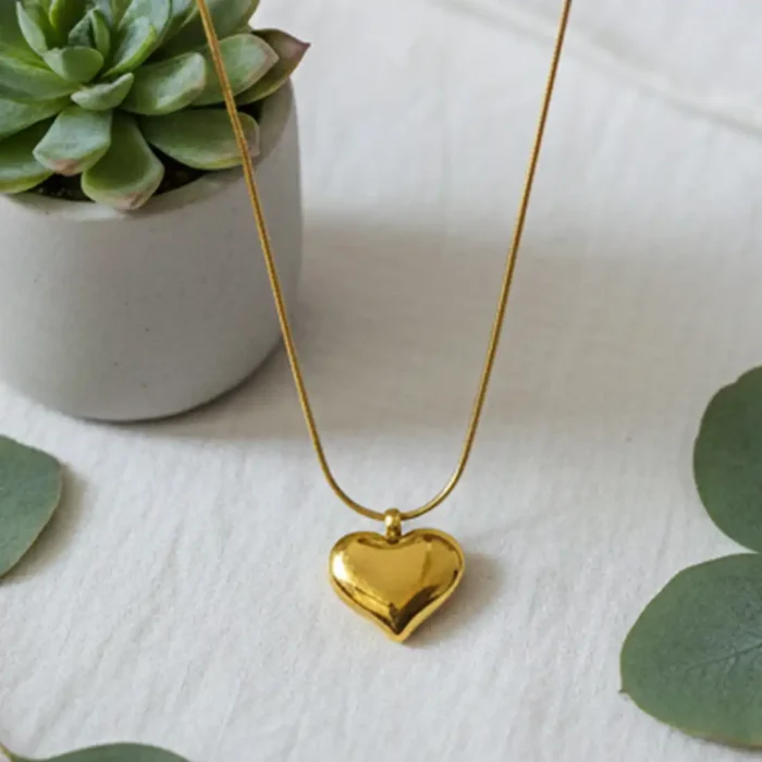 Gold Puffed Heart Necklace | Sleek Snake Chain Pendant - Image 6