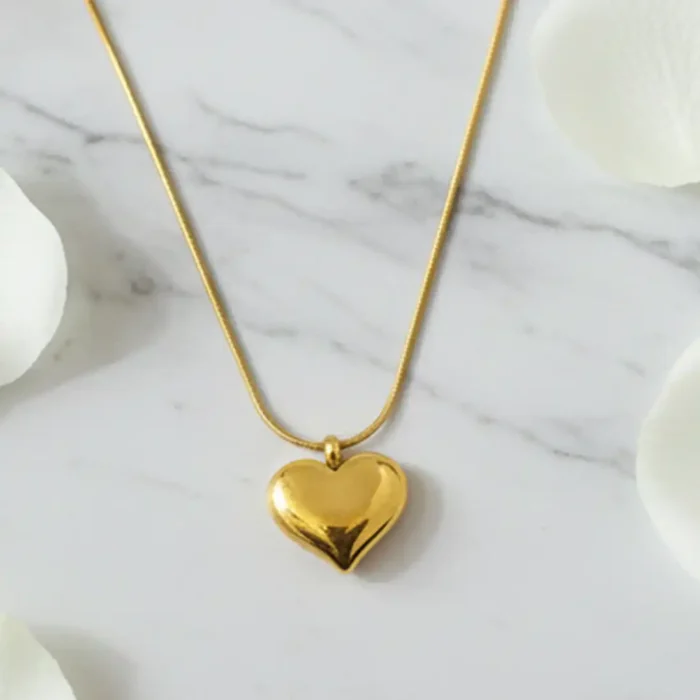 Gold Puffed Heart Necklace | Sleek Snake Chain Pendant - Image 5