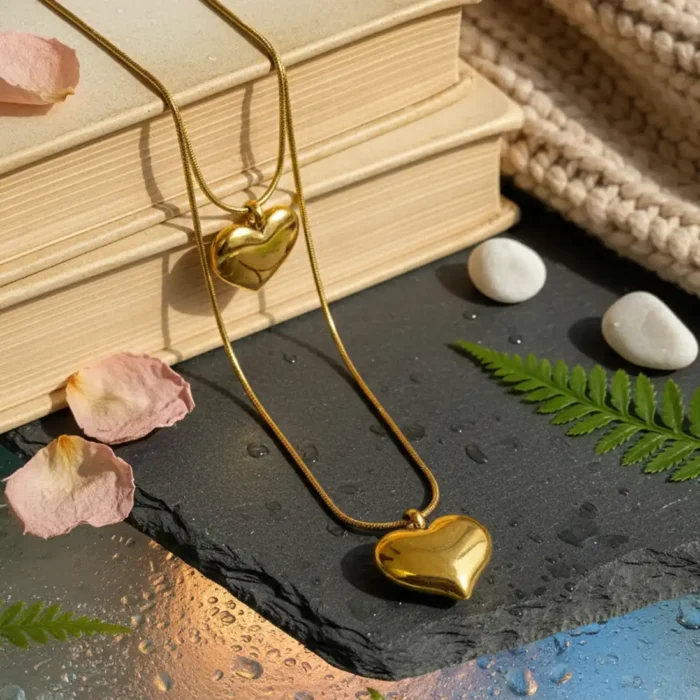 Gold Puffed Heart Necklace | Sleek Snake Chain Pendant - Image 3