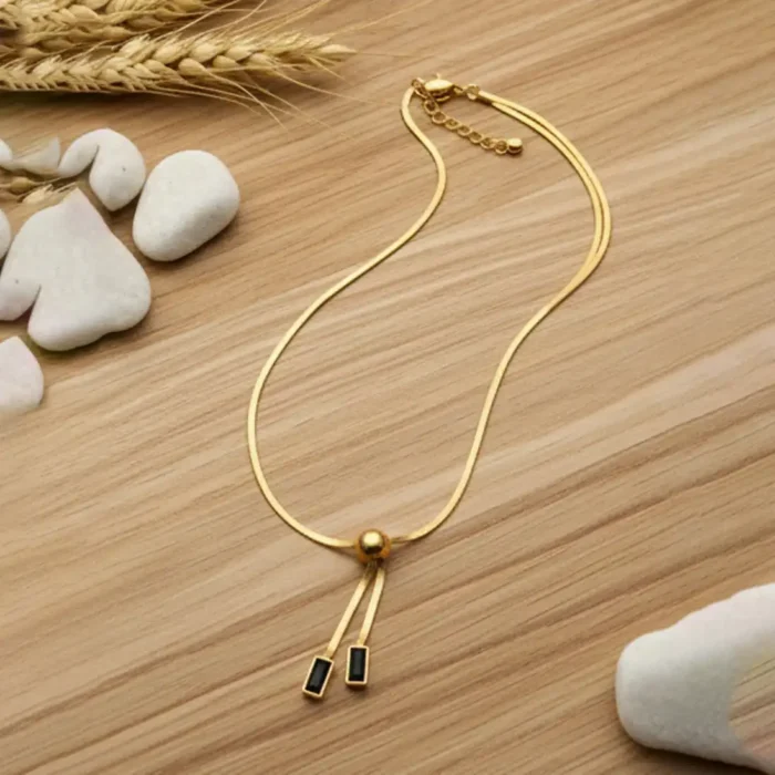 Gold Herringbone Lariat Necklace | Black Geometric Accents - Image 11