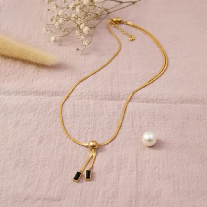 Gold Herringbone Lariat Necklace | Black Geometric Accents - Image 10