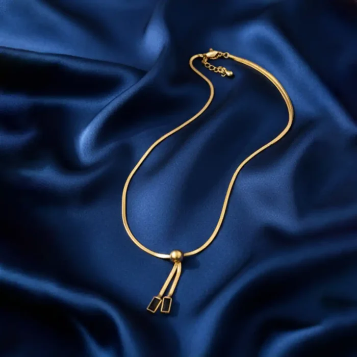 Gold Herringbone Lariat Necklace | Black Geometric Accents - Image 9