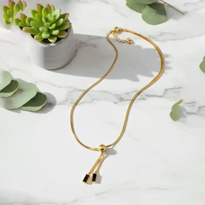Gold Herringbone Lariat Necklace | Black Geometric Accents - Image 8