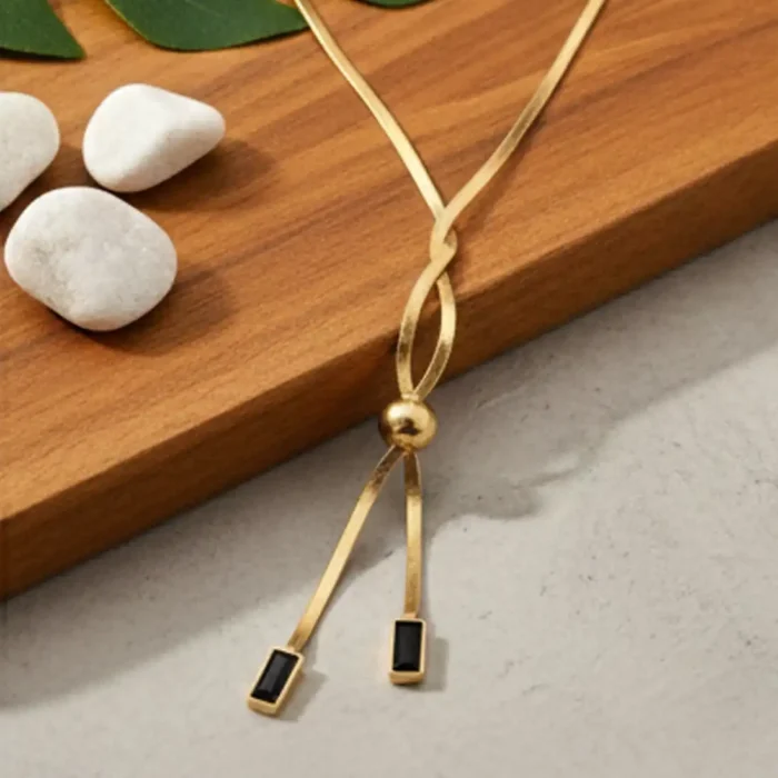 Gold Herringbone Lariat Necklace | Black Geometric Accents - Image 7