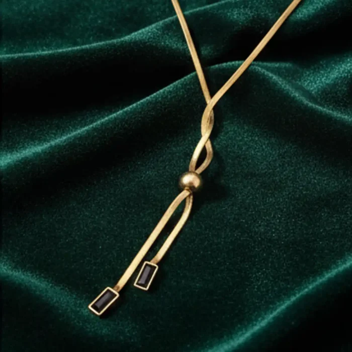Gold Herringbone Lariat Necklace | Black Geometric Accents - Image 5