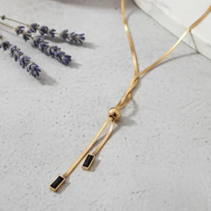 Gold Herringbone Lariat Necklace | Black Geometric Accents - Image 4