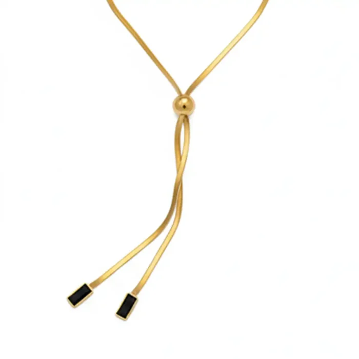 Gold Herringbone Lariat Necklace | Black Geometric Accents - Image 3