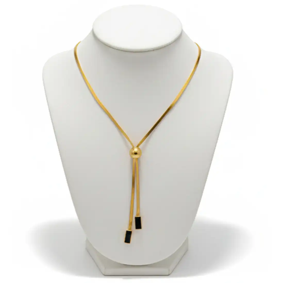 N57 Gold Herringbone Lariat Necklace | Black Geometric Accents - Image 1