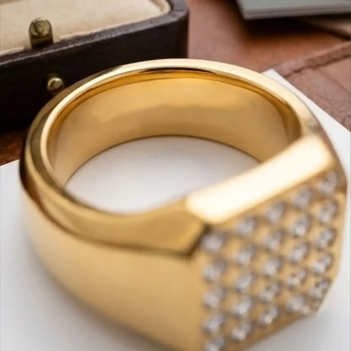 Gold Crystal Signet Ring | Chunky Square Statement Ring - Image 7