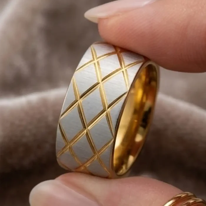 Two-Tone Diamond Lattice Ring | Modern Gold & Silver Band - Image 3