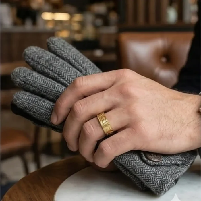 Gold Tire Tread Ring | Rugged Chevron Engraved Band - Image 7