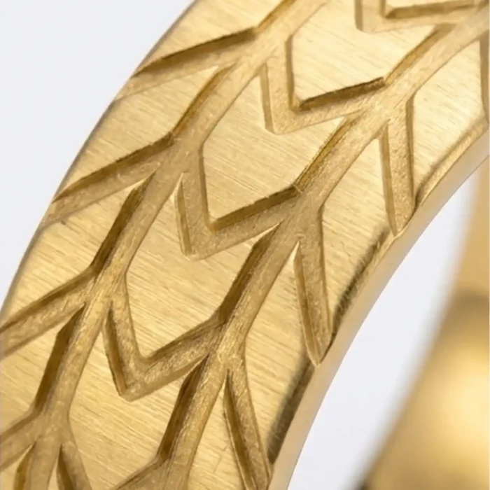 Gold Tire Tread Ring | Rugged Chevron Engraved Band - Image 6