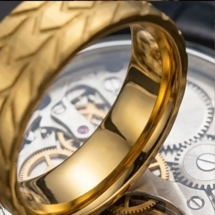 Gold Tire Tread Ring | Rugged Chevron Engraved Band - Image 5