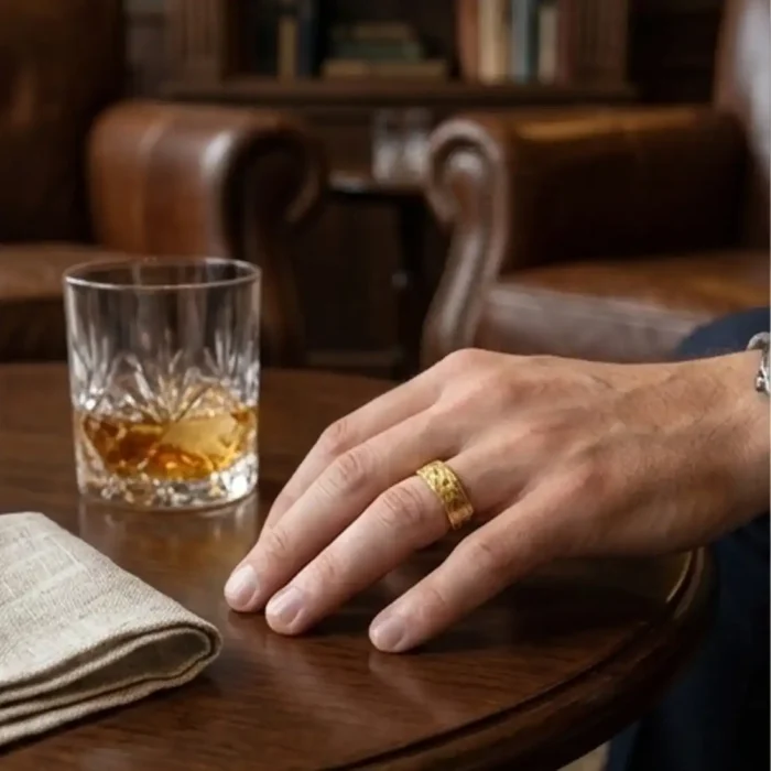 Gold Tire Tread Ring | Rugged Chevron Engraved Band - Image 3